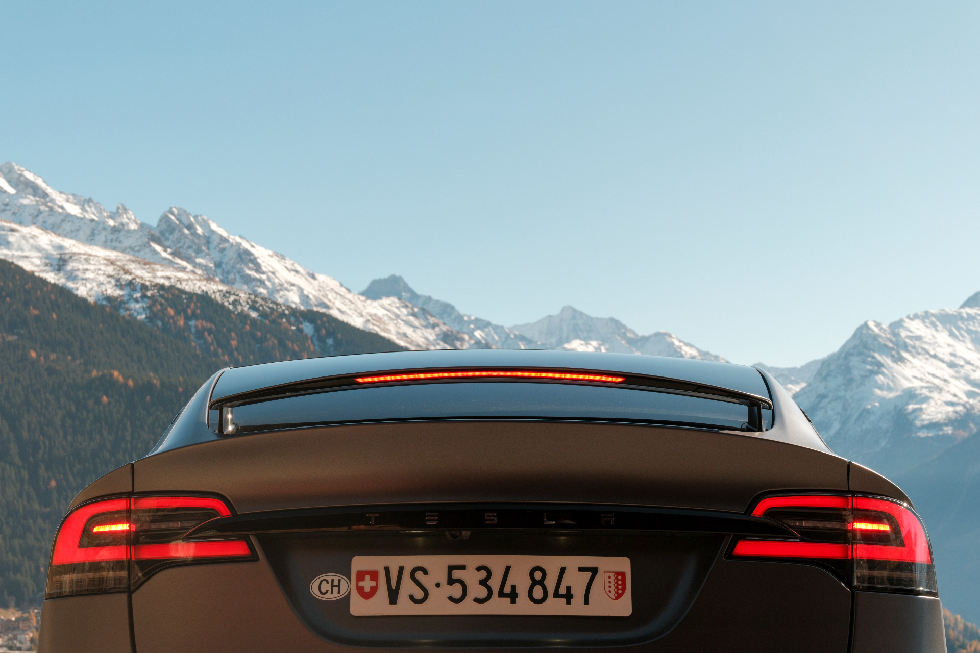Tesla Model S rear with Swiss Alps